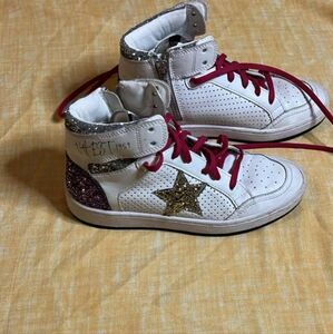 Vintage White and Gold High-Top Sneakers